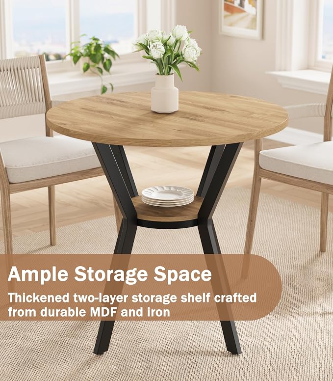 Round Kitchen Tables for 2-4, 31.5" Small Dining Tables with Storage, Rustic Wood Circle Dinner Table with Metal Leg, Farmhouse Dinner Table for Small Space, Dining Room, Kitchen, Office, Apartment - Image 2
