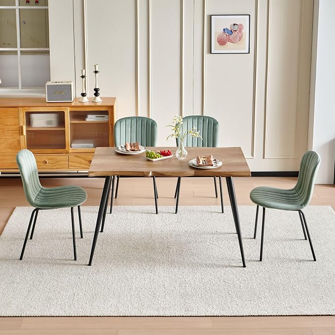 Rectangle Dining Table Set for 4 with Sage Green Velvet Chairs | 5-Piece Mid-Century Modern Set, Irregular MDF Table, Wood Grain, Space-Saving for Small Spaces, Dining Rooms, Easy Assembly - Image 5