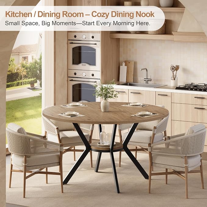 MECHYIN 42" Round Dining Table for 2-4, Farmhouse Kitchen Table with Storage, Space Saving Circle Dinner Table, Rustic Light Wood Kitchen & Dining Room Tables with Metal Legs for Kitchen, Dining Room - Image 5
