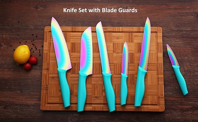 Knife Set with Spoons, KYA37B Knife Sets with Blade Guards and Measuring Spoons, Marco Almond® Rainbow Color 17-Piece Stainless Steel Kitchen Knives Set with Covers | 6 Knives w 6 Blade Guards&Spoon Steel Knife Set for Kitchen, Anti-Rust,Ergonomic Hand... - Image 7