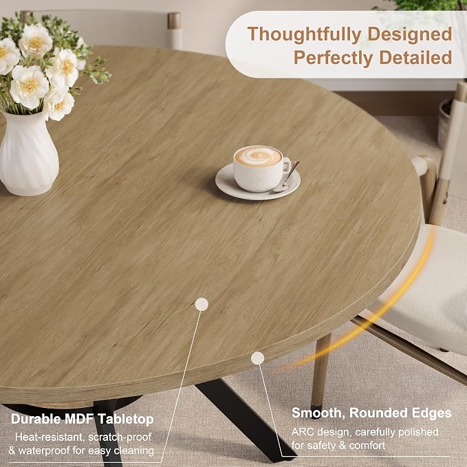 MECHYIN 42'' Round Dining Table for 2–4, Farmhouse Round Kitchen Table with Storage Shelf, Pedestal Dinner Table, Wood Top & Metal Base, Small Space Table for Apartment, Dining Room, Light Oak - Image 4