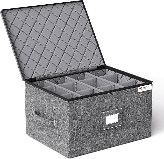 Wine Glass Storage Box with Dividers,Hard Shell and Stackable Stemware Storage Containers with Sturdy Handle for Glassware Crystal Storage and Transport,Grey,Holds 12 by YEARNINGHOME