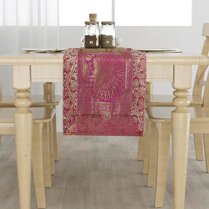 Indian Handmade Table Runner with Golden Peacock Design – Silk Brocade Fabric – 60 x 16 Inches – Elegant Decorative Table Linen for Dining Table, Console, Pooja Mandir - Image 4