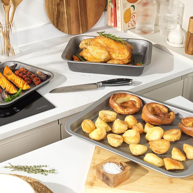 Salter Essentials Roasting Tray 36 Cm, Carbon Steel, Non Stick | Rectangular shape, PFOA free coating, dishwasher safe, made in the UK, silver interior with grey exterior - Image 3