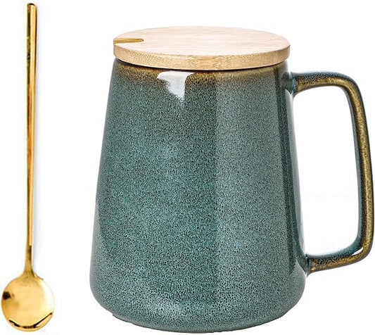 Large Ceramics Coffee Mugs,24 OZ,With Spoon And Wooden Lid,For Coffee,Tea,Cocoa,Large Handle Design,Microwave And Dishwasher Safe(Color:24 oz green set) by Ceraozmus