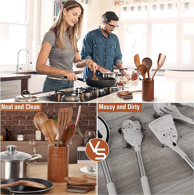Mooues Wooden Kitchen Utensil Set, 15 Piece Natural Teak with Spoon Rest | Wooden Cooking Utensils with Comfort Grip, Smooth Durable Heat Resistant Cooking Spoons and Utensils Holder for Cooking - Image 7