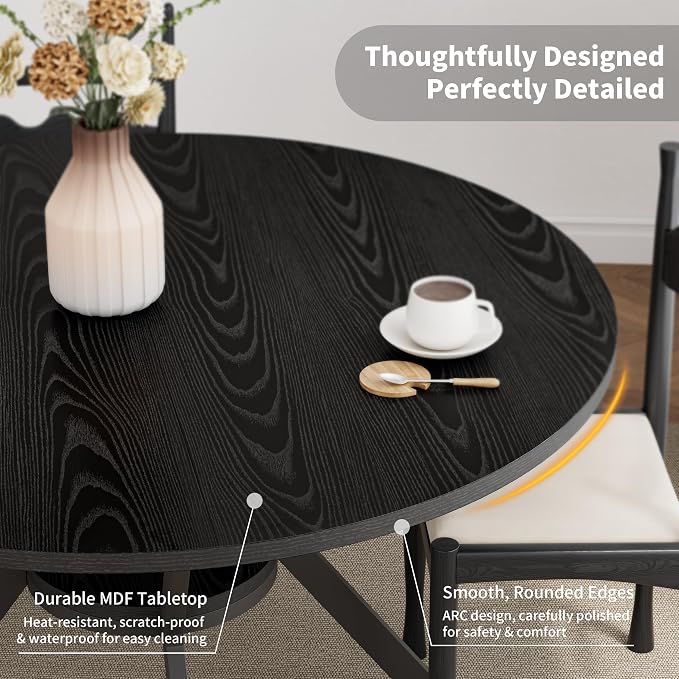 Black Dining Table for 2-4, 42 Inch Round Kitchen Table with Storage, Wooden Circle Dinner Table with Metal Legs, Rustic Mid Century Modern Dining Room Tables for Kitchen, Living Room, Dining Room - Image 4