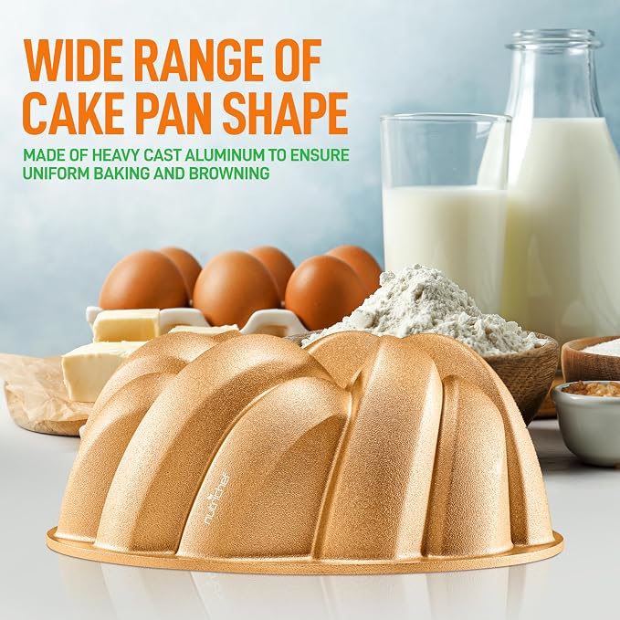 NutriChef 9-Inch Cake Pan - Heavy Die Cast Aluminum Cake Baking Mold with 2 Layers of Professional Nonstick Coating - Fluted Flow Design for Uniform Baking & Browning, Dishwasher Safe - Gold - Image 4
