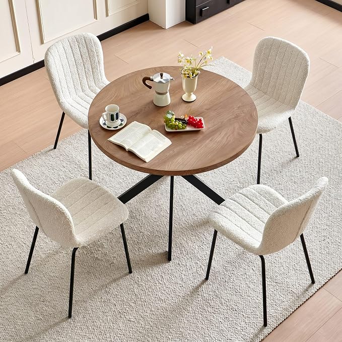 37 Inch Round Dining Table Set for 4, Modern Small Circle Kitchen Coffee Set for Apartment Living Room Office, Save Space(1 Imitation Wooden Table + 4 White Boucle Chairs) - Image 8