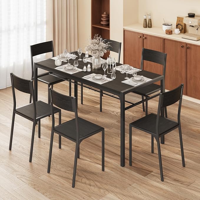 Gizoon 7-Piece Dining Table Set for 6, Kitchen Table with Chairs Black | Spacious black 6-person dining set with under-table storage rack. Ergonomic chairs slide under table to maximize space. - Image 3