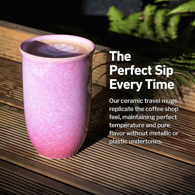 NOVA CERAMICS Coffee Travel Mug – Cup Holder Friendly Travel Mug– Microwave & Dishwasher Safe White & Purple Tumbler - Coffee Mug Fits In Cup Holder – 12oz – Astral Bloom - Image 4