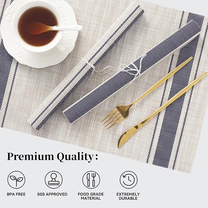 Leetaltree Khaki-Blue Placemats, Heat Resistant Non-Slip Place mats for Dining Table, Washable Durable PVC Vinyl Woven Table Mats (Set of 12) - Image 2