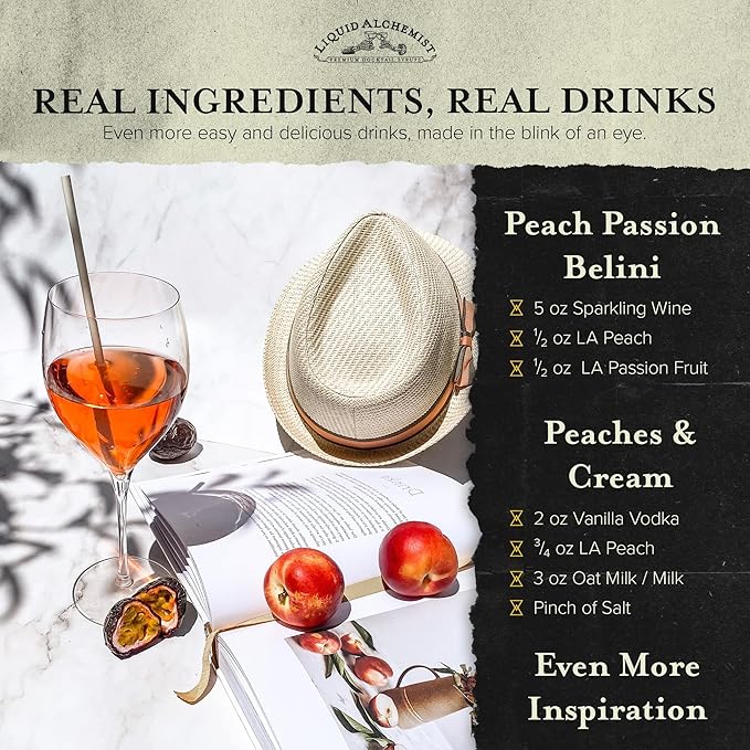 Liquid Alchemist Peach Syrup for Drinks - Real Ingredients Make our Peach Puree for Cocktails a Perfect Bellini Mix - Our Flavored Syrup is Non-GMO & Vegan (12.7 oz)
