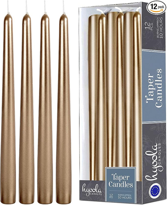 Hyoola Tall Metallic Antique Gold Taper Candles - 12 Inch - Dripless - 12 Pack - 10 Hour Burn Time by Hyoola