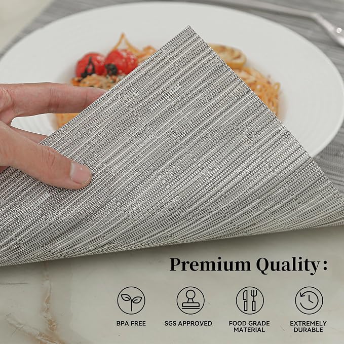 Leetaltree Silver Placemats Set of 4 - Heat Resistant Non-Slip Place mats for Dining Table, Washable Durable PVC Vinyl Woven Table Mats（Silver, 4） - Image 2