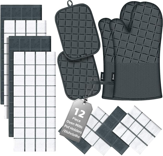 Oven Mitts Pot Holders Sets/Kitchen Towels and Dishcloths,Oven Gloves Kitchen Dish Towels 500 Degree Heat Resistant Potholders with Non-Slip Silicone Surface for Cooking,Grilling,Baking-Deep Green by BSKSSK