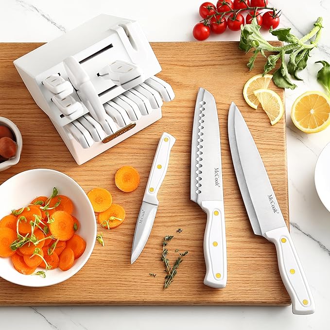 McCook Knife Set White Kitchen Knife Block Set w Built-in Sharpener | German Forged Stainless Steel,26 PC,Razor Sharp,Anti-Rust,Restaurant Grade,Ergonomic Handles,Full Tang,Gift Box - Image 6