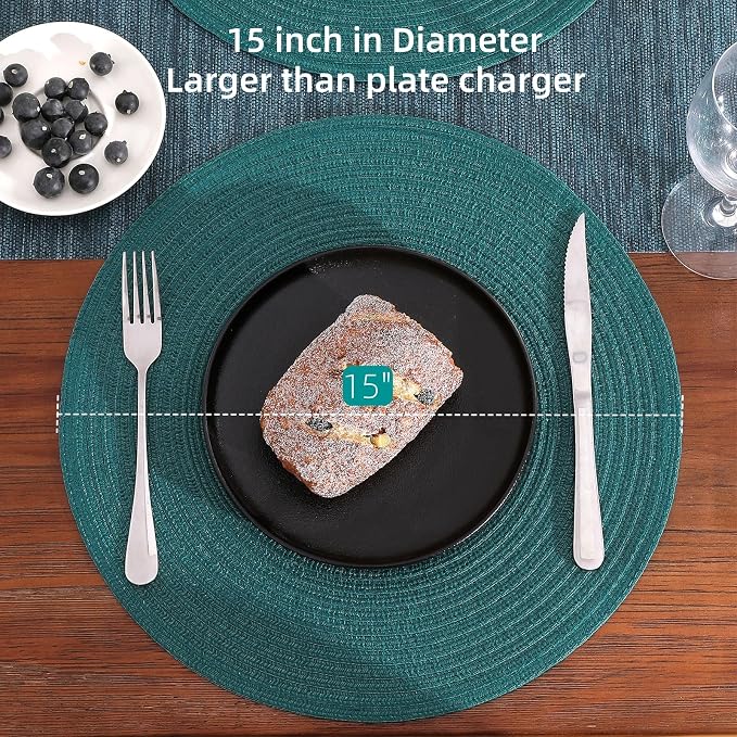 SHACOS Round Placemats Set of 8 Woven Braided Table Placemats 15 inch Circle Place Mats Washable Non Slip Table Mats for Home Wedding Party, Teal Green - Image 4