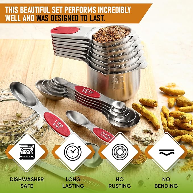 Spring Chef Magnetic Measuring Cups & Spoons Set of 15, Patented, Red | Stackable Stainless Steel Measuring Cups & Heavy Duty Metal Measuring Spoons with Levelers for Dry & Liquid Ingredients - Image 2