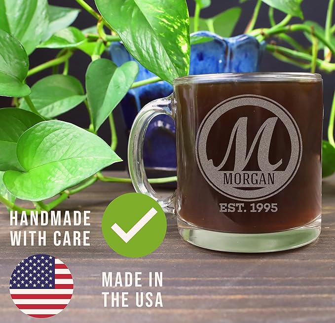 Personalized Etched Monogram 12oz Glass Coffee Mug, Bratton, Customized gifts for Her Him, Unique Monogrammed Cup Initial