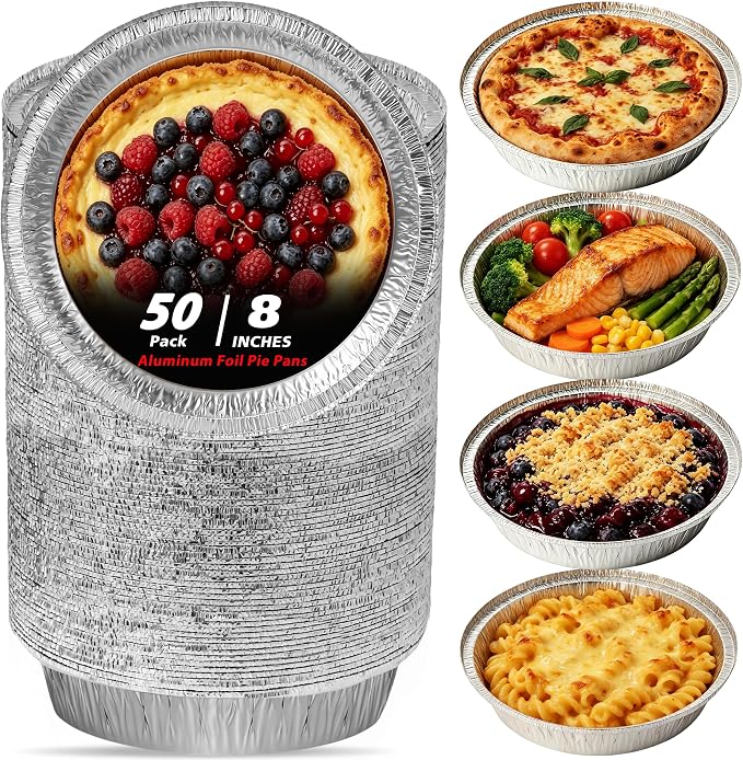 50 Pack 8" Round Aluminum Pans Pie Tins - Disposable Foil Baking Pans for Pies, Pot Pies, Quiche, Tarts and Casseroles, Oven/Freezer Safe Cake Baking Pans by Homewarm