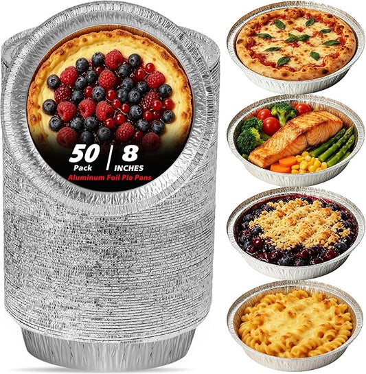 50 Pack 8" Round Aluminum Pans Pie Tins - Disposable Foil Baking Pans for Pies, Pot Pies, Quiche, Tarts and Casseroles, Oven/Freezer Safe Cake Baking Pans by Homewarm