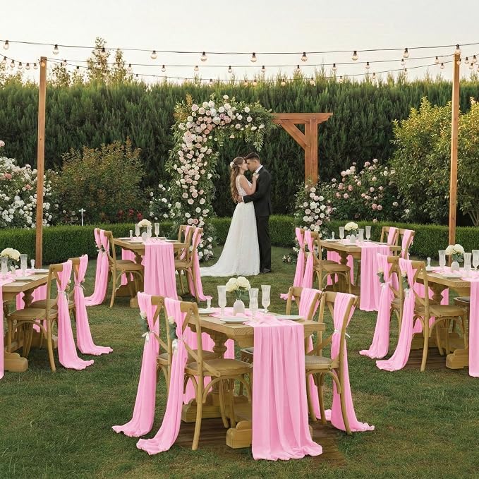 Pack of 2 | Rose Pink | 14ft Chiffon Table Runner 29x170 Inches Long Romantic Rustic Sheer Gauze Runner for Wedding Bridal Shower Birthday Banquets Engagement Spring Easter Boho Decorations - Image 2