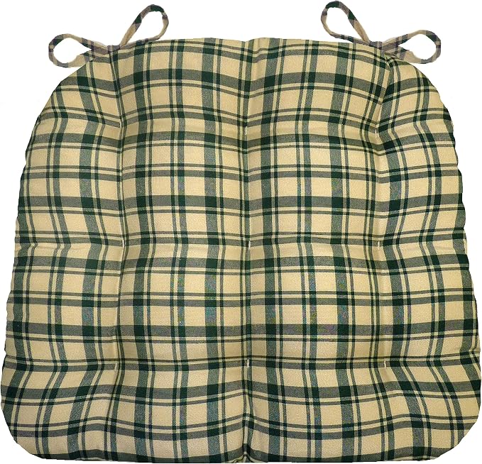 Barnett Home Decor Dining Chair Pad with Ties Montgomery Green Plaid - Size Medium 16.5 x 18 16.5 x 18 - Latex Foam Fill Cushion, Reversible, Machine Washable - Green Natural Tartan by BarnettHomeDecor