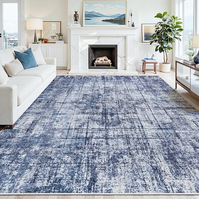 8x10 Washable Area Rug for Living Room Bedroom: Non-Slip Modern Navy Blue | Machine Washable TPR Backing, Stain-Resistant Low Pile, Pet & Kid Friendly, Abstract Decor for Dining Room, Dorm, Home Office by Oriannal