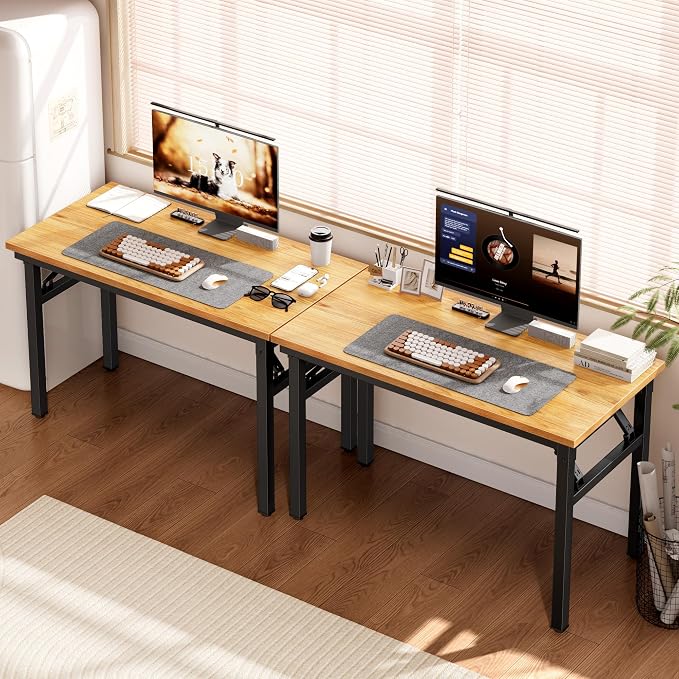 DlandHome 35.8 Inch Small Folding Computer Desk for Home Office, Teak Black | Foldable Writing Table for Small Spaces Bedroom, No Assembly Required, Wood Top Metal Frame, Collapsible Compact Easy Storage - Image 4