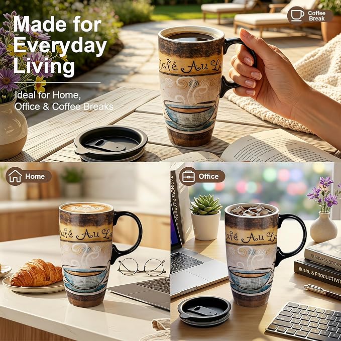 Topadorn 17oz Ceramic Travel Mug with Lid, French Café Coffee Mug with Handle, Vintage Latte Cup for Coffee Tea Cocoa, Microwave & Dishwasher Safe, Gift Box Included - Image 4