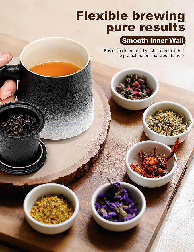 suyika Ceramic Tea Cup with Infuser and Lid, Gradient Embossed Large Tea Mug Wooden Handle for Steeping Loose Leaf, Tea Lover Gifts 15.2 oz / 450 ml,Matte Black - Image 4