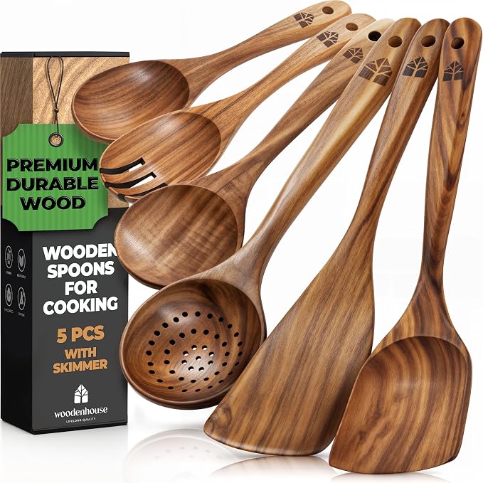 Wooden Spoons for Cooking, Teak Wood Kitchen Utensil Set – Multipack | Comfortable Grip, Non-Stick, Food-Safe & Easy to Clean Natural Cookware by Woodenhouse