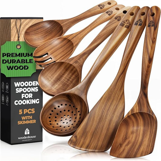 Wooden Spoons for Cooking, Teak Wood Kitchen Utensil Set – Multipack | Comfortable Grip, Non-Stick, Food-Safe & Easy to Clean Natural Cookware by Woodenhouse