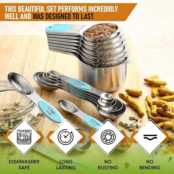Spring Chef Magnetic Measuring Cups & Spoons Set of 15, Patented, Aqua Sky | Stackable Stainless Steel Measuring Cups & Heavy Duty Metal Measuring Spoons with Levelers for Dry & Liquid Ingredients - Image 2