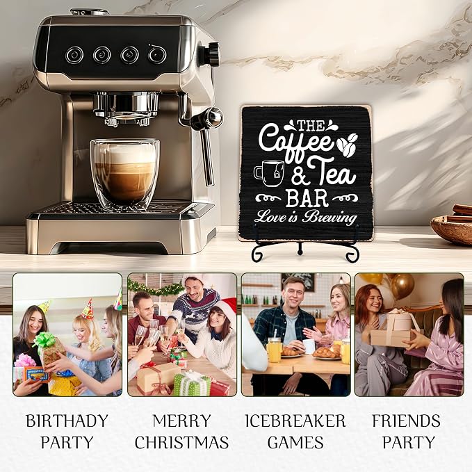 Coffee Bar Sign, Love is Brewing Farmhouse Tabletop Decor, Coffee and Tea Lover Gifts, 5x5 Wood Plaque with Iron Stand for Home Kitchen Cafe, Coffee Bar Decor – L01 - Image 5