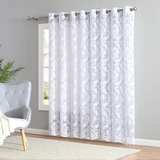 LinenZone 38 x 63 Luxury White Knitted Lace Curtains. (Lisa 38 x 63, White) | 2 Elegant Knitted Lace Curtains with Floral Damask Design and Scalloped Bottom in 63, 84 and 96 Inch Sizes. - Image 2