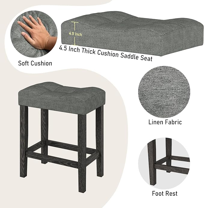 allamazing 3-Piece Counter Height Bar Table Set with Socket and 2 Fabric Padded Bar Stools, Tall Kitchen Breakfast Dining Table Set with Stools (1+2 Black) - Image 4