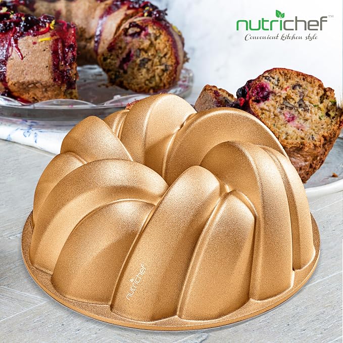 NutriChef 9-Inch Cake Pan - Heavy Die Cast Aluminum Cake Baking Mold with 2 Layers of Professional Nonstick Coating - Fluted Flow Design for Uniform Baking & Browning, Dishwasher Safe - Gold - Image 7
