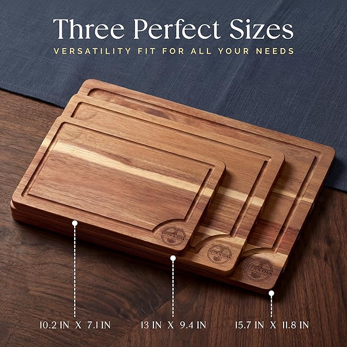 Pre-Oiled, Non Toxic 3-Piece Acacia Cutting Board Set with Stand | 15.7 x 11.8 in, 13 x 9.4 in, 10.2 x 7.1 in · FSC certified · Includes 3.4 fl oz oil · Deer & Oak - Image 5