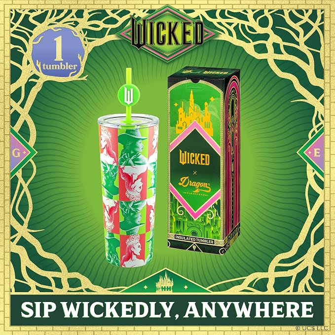 Dragon Glassware x Wicked Stainless Steel Tumbler, 24 oz - Portraits | Vacuum Insulated Wicked Cup with Lid & Straw For Water & Iced Tea; With Straw Charm; Official Wicked Merch - Image 2