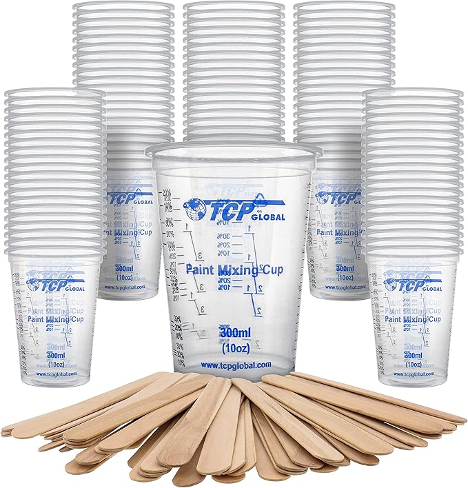 TCP Global 10 oz. (300ml) Graduated Plastic Mixing Cups - Box of 100 with 50 Mixing Sticks - Disposable Plastic Measuring Cups for Liquids, Paints, Resin, Epoxy, Art, Kitchen - Ratios 2-1, 3-1, 4-1 ML