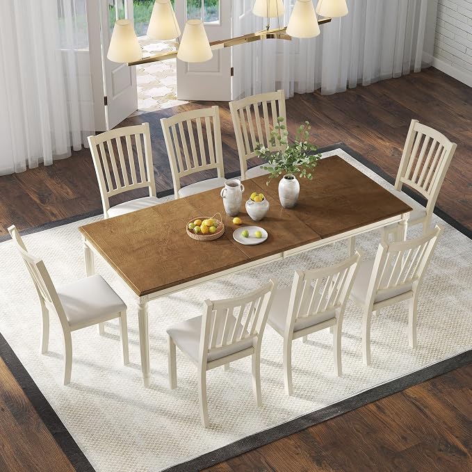 AMERLIFE 9 Piece Farmhouse Dining Table Set with 79" Table, Cream | Solid Rubberwood Frame, 8 Chairs Included, Farmhouse Design, Upholstered Seating, Rustic Cream Finish - Image 8