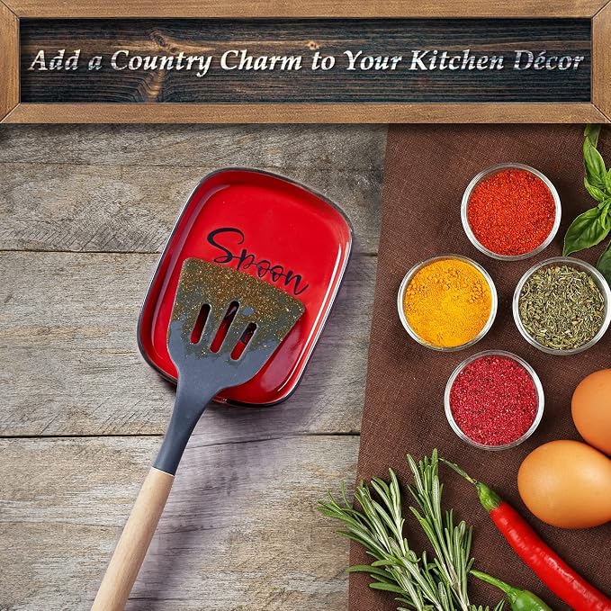 Ceramic Spoon Rest for Stove Top, DAYYET Large Spoon Holder, Spoon Rest for Kitchen Counter, Heat-Resistant Cooking Utensil Rest, Red Kitchen Decor and Accessories - Image 2
