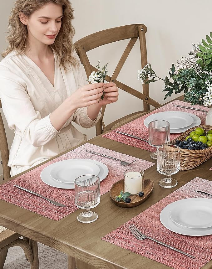 Leetaltree Gradient Pink Woven Placemats Set of 6 - Heat Resistant Non-Slip Place mats for Dining Table, Washable Durable PVC Vinyl Woven Table Mats(Gradient Pink, 6) - Image 2