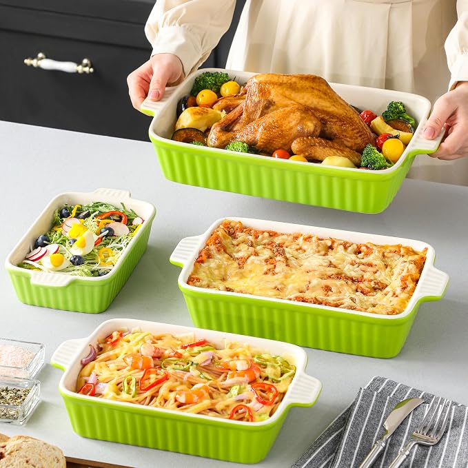 MALACASA Ceramic Baking Dishes Set of 4, Deep Casserole Dish, Green | Deep Lasagna Pans for Versatile Use, Durable Bakeware for Roasting Vegetable, Gift Set, Dishwasher Safe(9.4/11.1/12.2/14.7") - Image 7