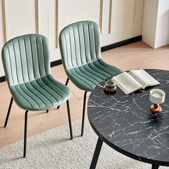 Small Round Dining Table Set for 4 People, 37" Modern Kitchen Table | 5-Piece Set, Faux Black Marble MDF table, 4 Green Velvet Chairs, Easy Assembly, Space-saving, Fits Small Dining Room - Image 7