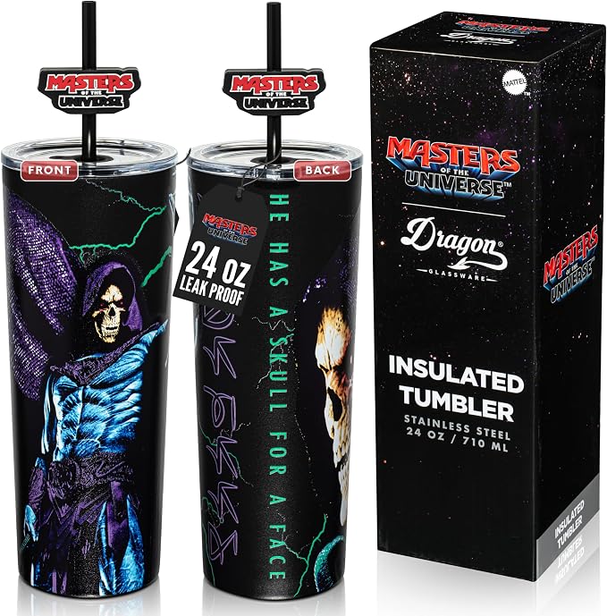 Dragon Glassware x Masters of the Universe Tumbler (MOTU), 24 oz - Skeletor | Vacuum Insulated Stainless Steel Tumbler with Straw & Lid; With Straw Topper; Official Masters of the Universe 2026 Movie Cup by DragonGlassware