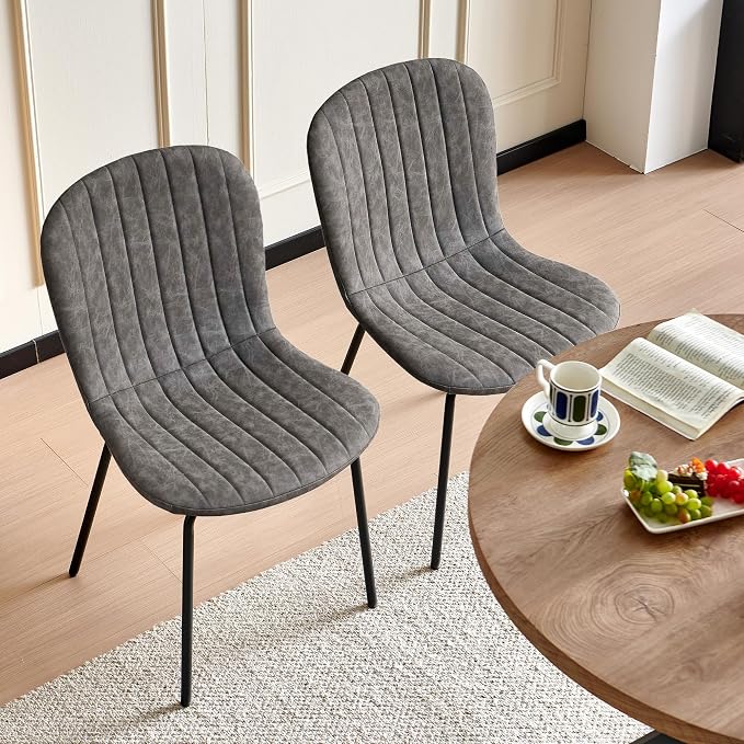 37 Inch Round Dining Table Set for 4, Modern Small Circle Kitchen Coffee Set for Apartment Living Room Office, Save Space(1 Wooden Table + 2 Grey PU Leather Chairs) - Image 2