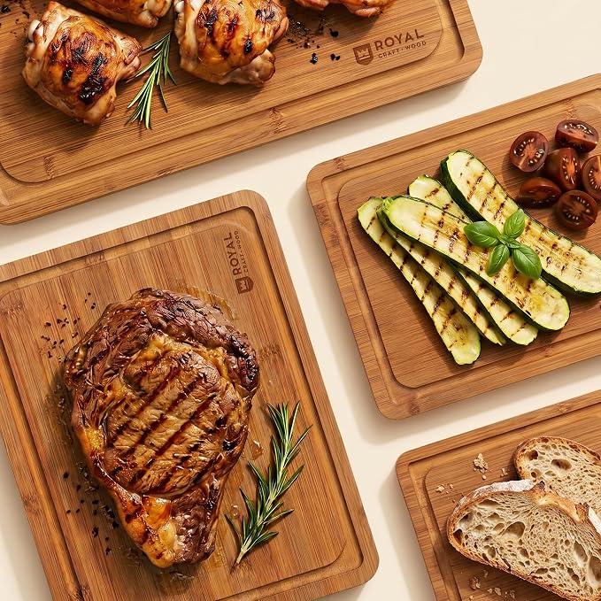 ROYAL CRAFT WOOD Wooden Cutting Boards for Kitchen Meal Prep & Serving - Bamboo Non Toxic Cutting Board Set with Deep Juice Groove Side Handles - Charcuterie & Chopping Butcher Block for Meat (4 Pcs) - Image 4